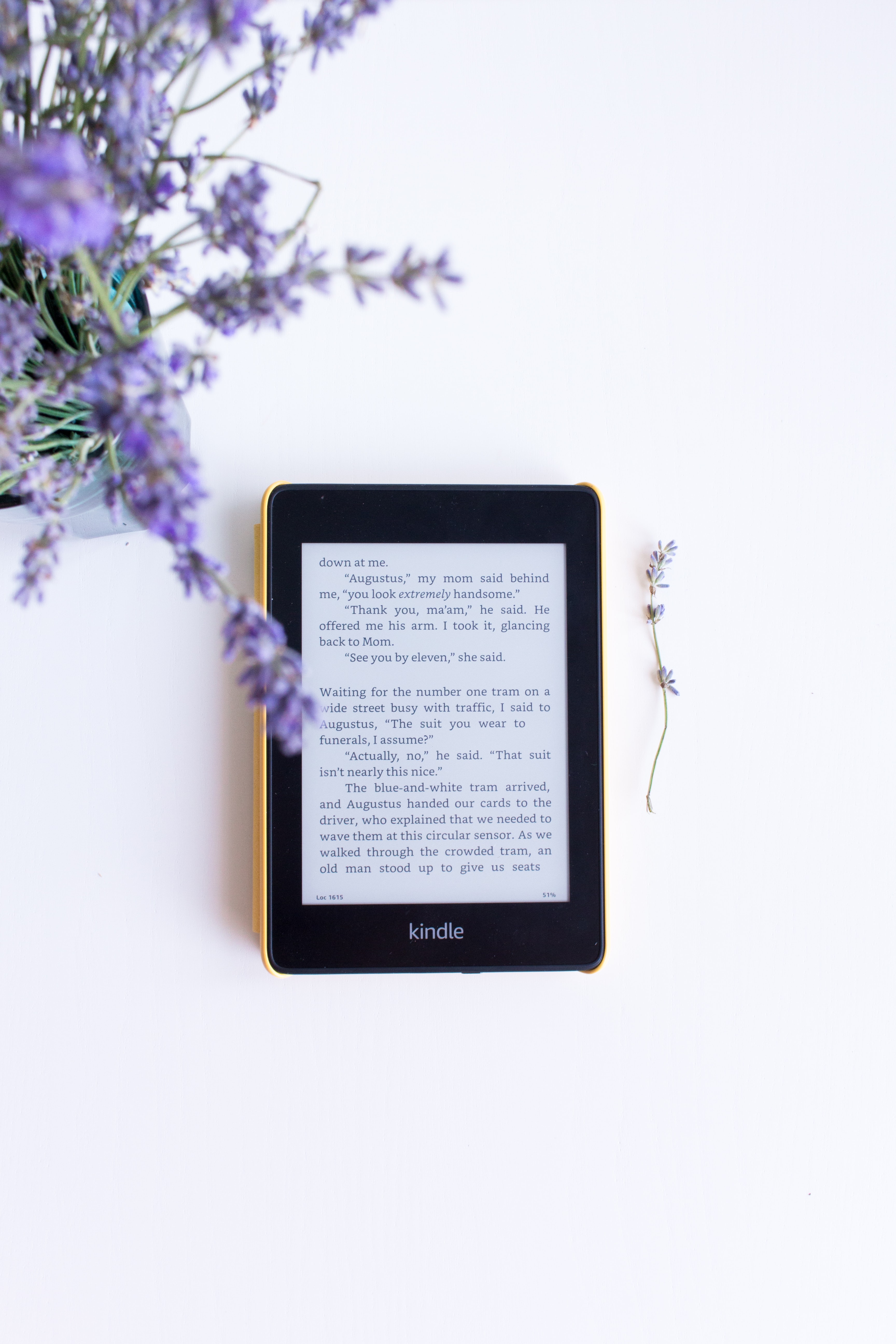 Kindle E reader and purple flowers?